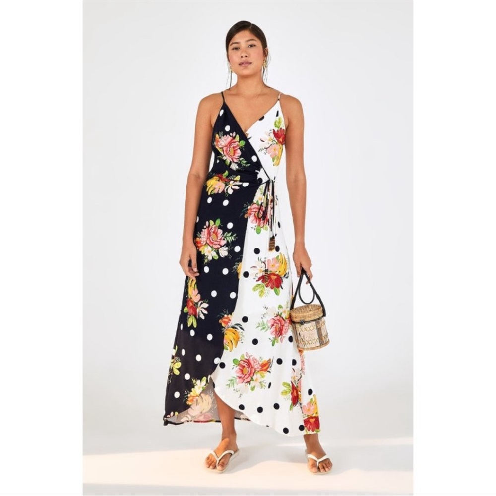 Farm Rio Nanaju Black and White Floral Polka Dot Wrap Maxi dress - Size XL NEW